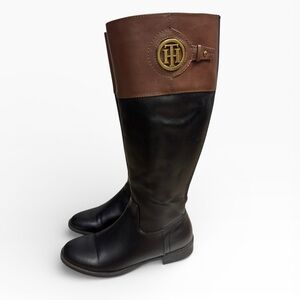 Tommy Hilfiger Two Tone Riding Boots Faux Leather Brown Black Size US 7